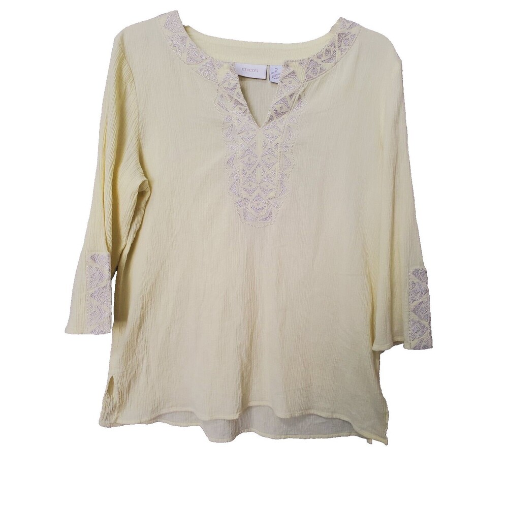 Chico's Cotton Chartreuse Yellow Gauze Embroidered Tunic Top Size 2 Large